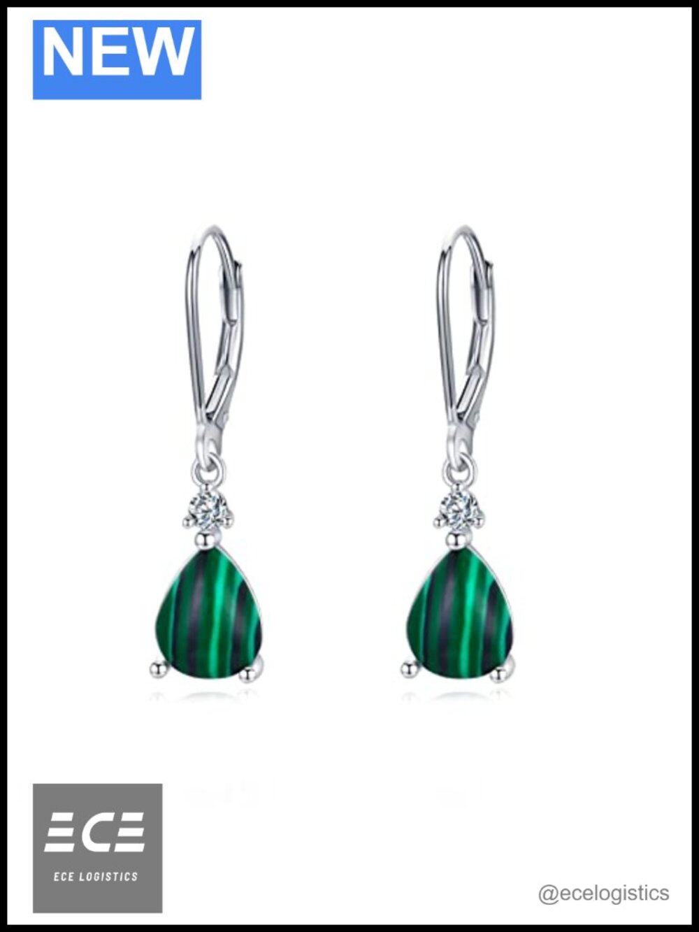 Sterling Silver Malachite Leverback Teardrop Dangle Earrings